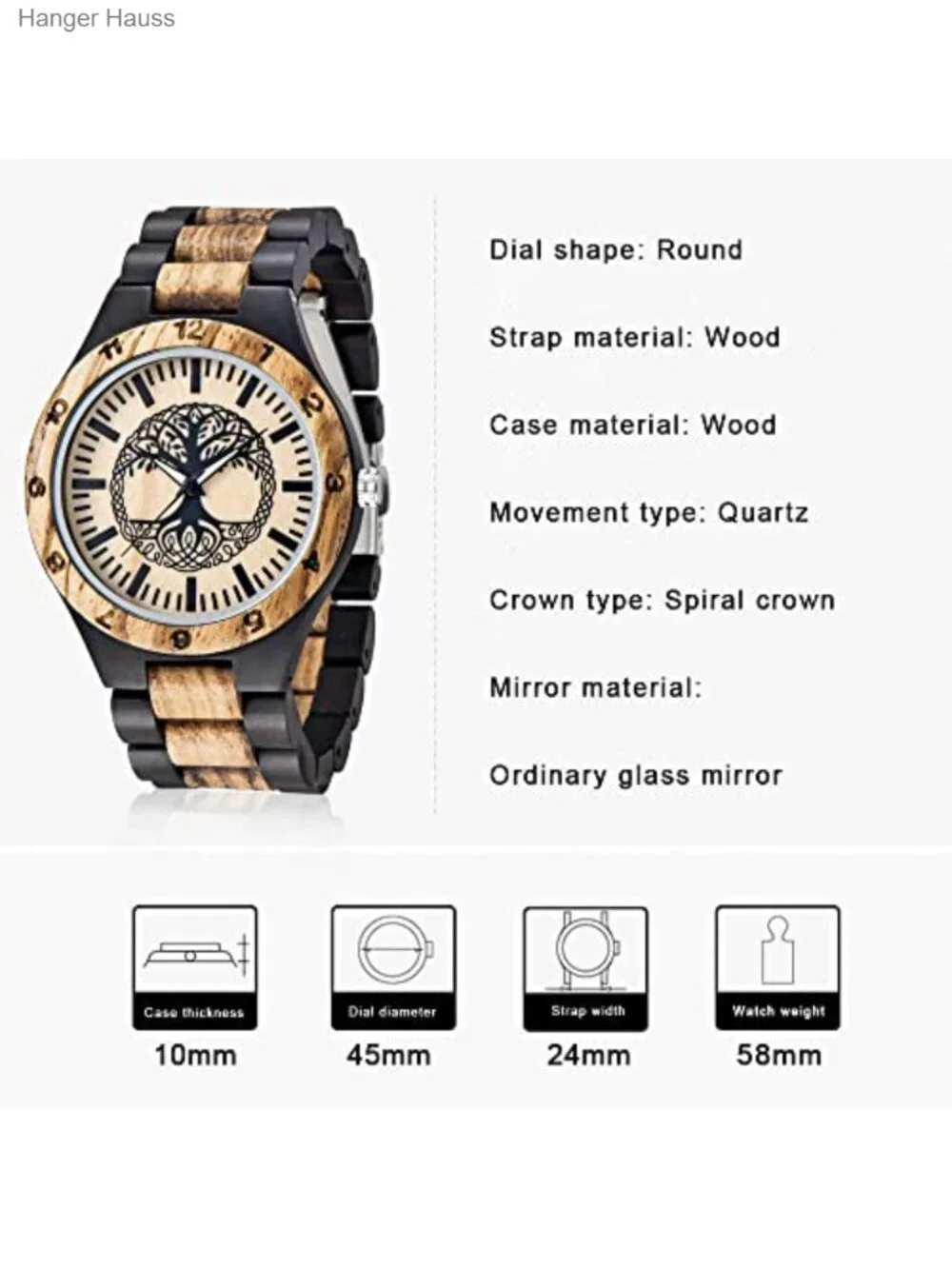 Men's Handmade Wooden Watch Lightweight Analog Quartz Tree of Life